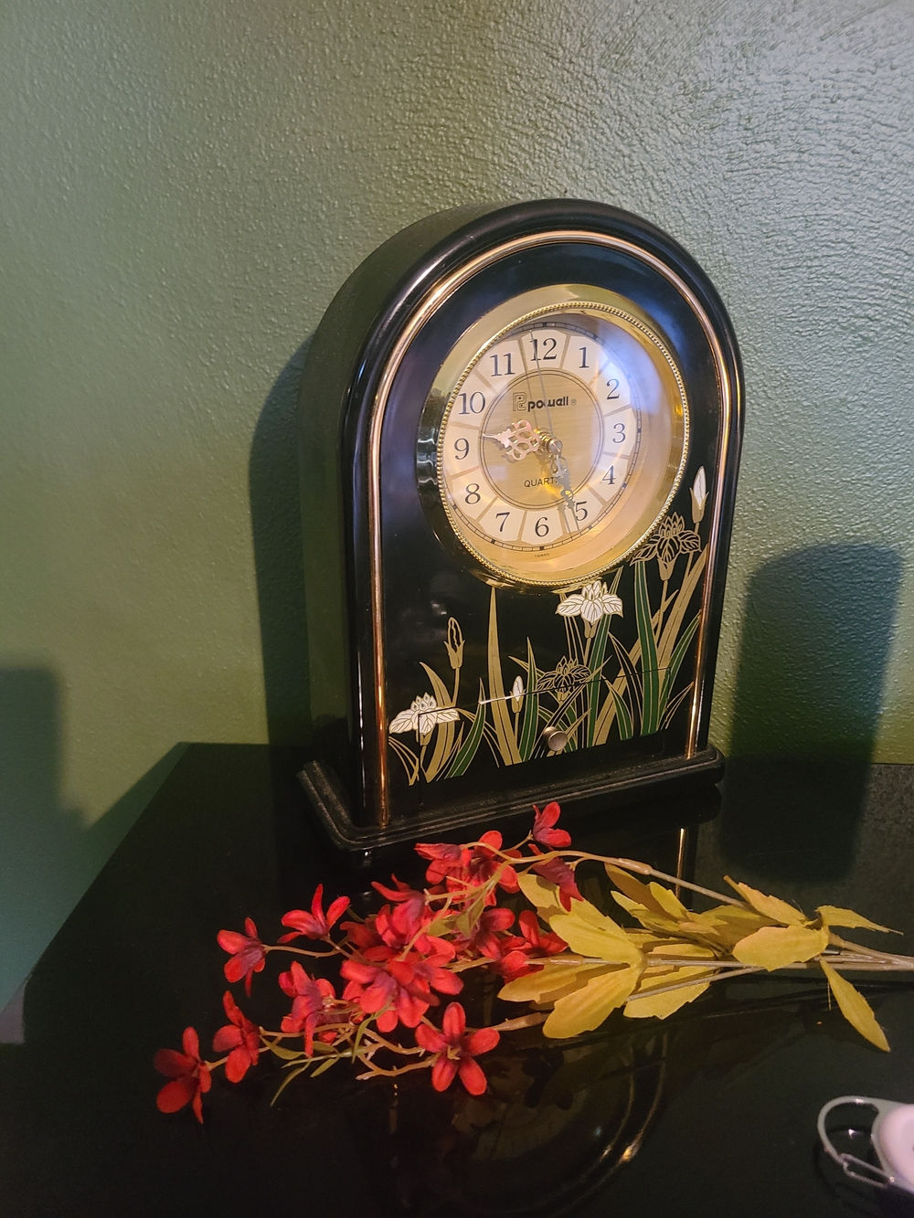 Power Floral Mantel Clock in Black & Gold